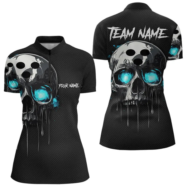 Maxcorners Black and Blue Skull Men's Bowling Polo, Quarter Zip shirts Custom Skull Team Bowling Jersey