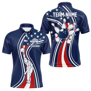 Maxcorners Retro bowling Polo, 1/4 Zip shirts for Men Custom American flag patriotic team bowling jerseys | Navy LM0901