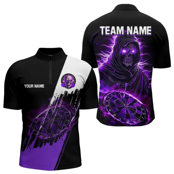 Maxcorners Black And Purple Skull Reaper Dart Jerseys Polo, 1/4 Zip Shirt For Men And Women Custom Darts Team Shirts