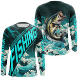 Maxcorners Largemouth Bass fishing Cyan Blue Ocean wave lightning thunder Custom performance Bass fishing jerseys MT2108