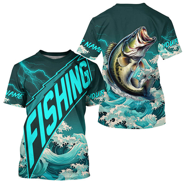 Maxcorners Largemouth Bass fishing Cyan Blue Ocean wave lightning thunder Custom performance Bass fishing jerseys MT2108