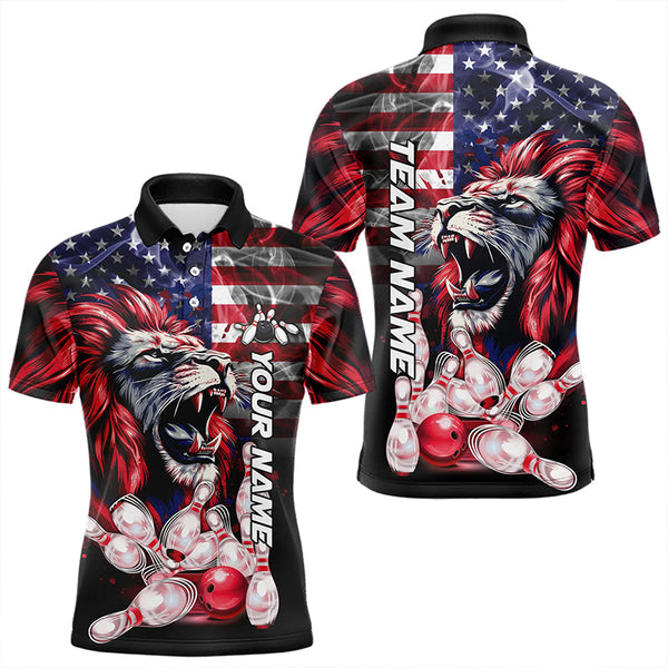 Maxcorners Smoke American Flag Lion Bowling Polo, 1/4 Zip Shirts For Men Custom Patriotic Team Bowling Jerseys LM0803