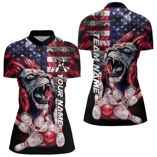 Maxcorners Smoke American Flag Lion Bowling Polo, 1/4 Zip Shirts For Men Custom Patriotic Team Bowling Jerseys LM0803