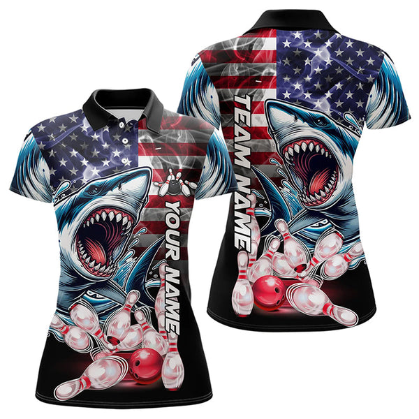 Maxcorners Smoke American Flag Shark Bowling Polo, 1/4 Zip Shirts For Men Custom Patriotic Team Bowling Jerseys LM0803