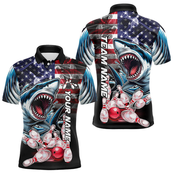 Maxcorners Smoke American Flag Shark Bowling Polo, 1/4 Zip Shirts For Men Custom Patriotic Team Bowling Jerseys LM0803