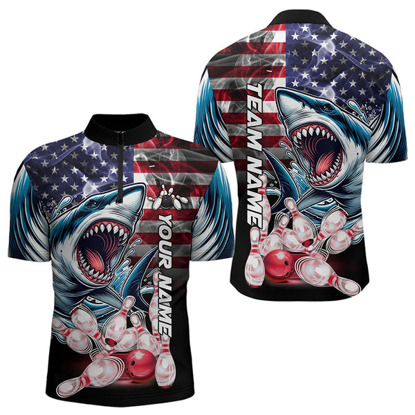 Maxcorners Smoke American Flag Shark Bowling Polo, 1/4 Zip Shirts For Men Custom Patriotic Team Bowling Jerseys LM0803