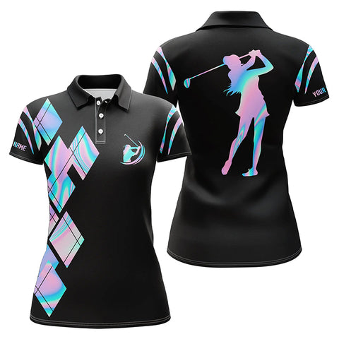 Max Corners Black Hologram Black Customized Name 3D Golf Polo Shirt For Women
