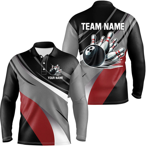 Maxcorners Black, Gray And Red Bowling Jersey Customized Name, Team Name 3D Shirt