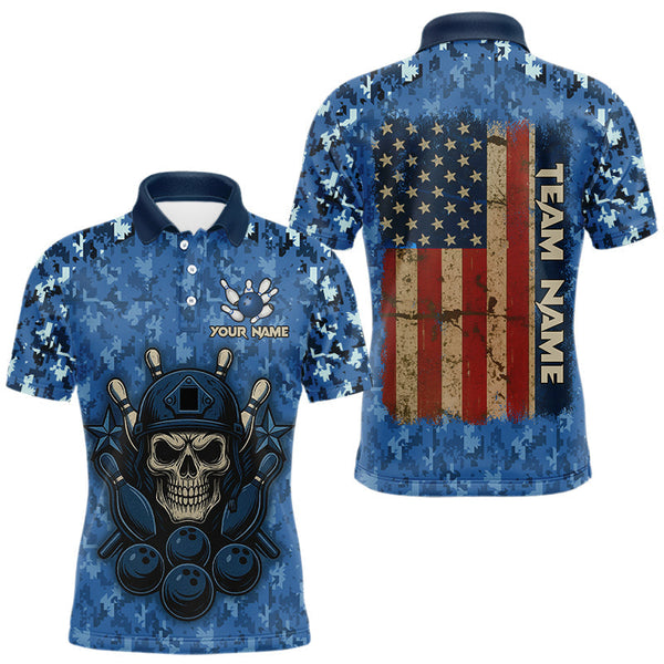 Maxcorners Blue Camo American Flag Veteran Skull Bowling Shirts For Men Custom patriotic Bowling Team Jerseys MT0811