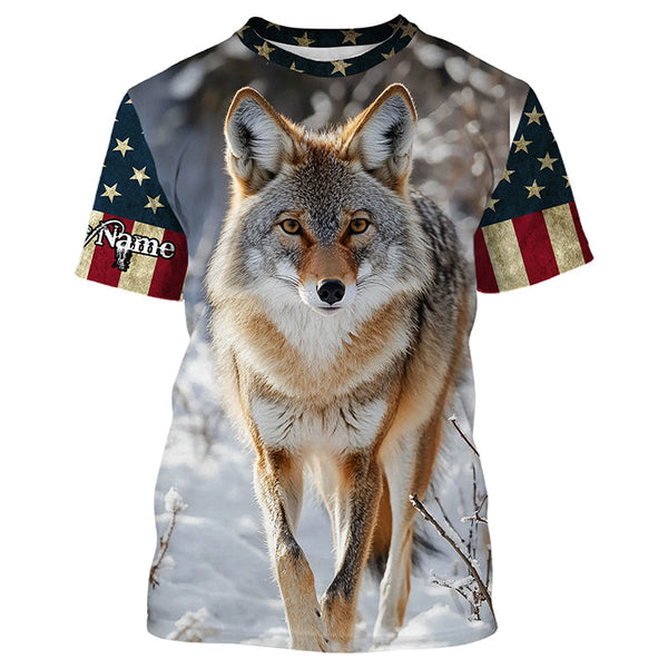 Maxcorners Coyote Hunting American Flag Patriotic Custom Name Shirt 3D All Over Printed Clothes