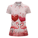 Maxcorners Pink Glitter Flamingo Heart Theme Matching Golf Shirt For Couple Custom Couple Valentines Golf Tops For Men And Women