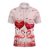 Maxcorners Pink Glitter Flamingo Heart Theme Matching Golf Shirt For Couple Custom Couple Valentines Golf Tops For Men And Women