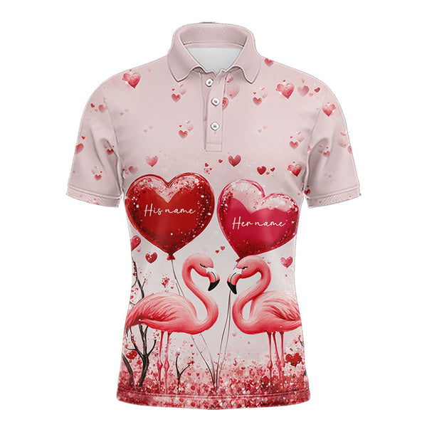 Maxcorners Pink Glitter Flamingo Heart Theme Matching Golf Shirt For Couple Custom Couple Valentines Golf Tops For Men And Women