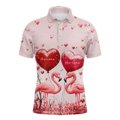 Maxcorners Pink Glitter Flamingo Heart Theme Matching Golf Shirt For Couple Custom Couple Valentines Golf Tops For Men And Women