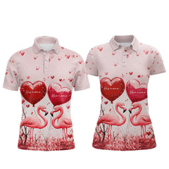 Maxcorners Pink Glitter Flamingo Heart Theme Matching Golf Shirt For Couple Custom Couple Valentines Golf Tops For Men And Women