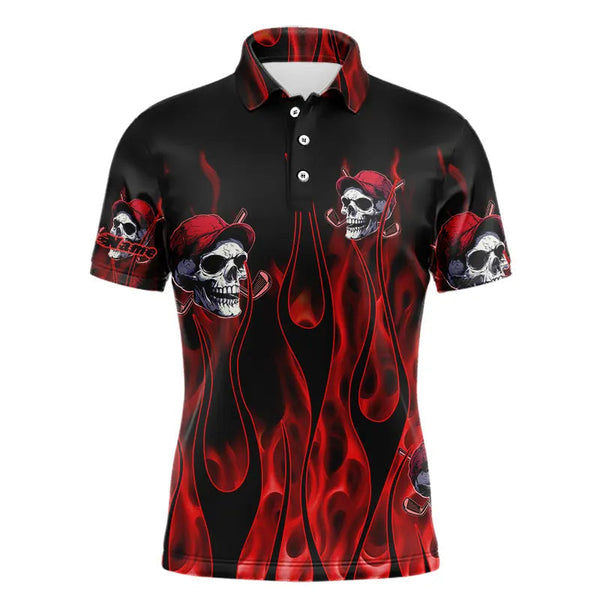 Maxcorners Red Flame Skull Mens golf polo shirts custom skull fire golf apparel for mens