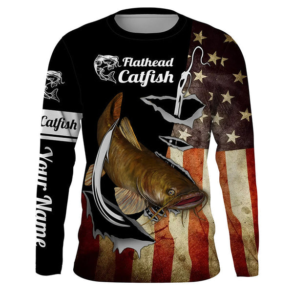 MaxCorners Flathead Catfish Fishing Fish Hook American Flag Customized Name 3D Long Sleeve Shirt