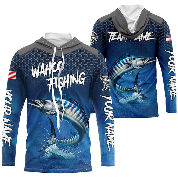 Maxcorners Blue Camo Wahoo Fishing Custom Performance Long Sleeve Team Wahoo Fishing Tournament Shirts