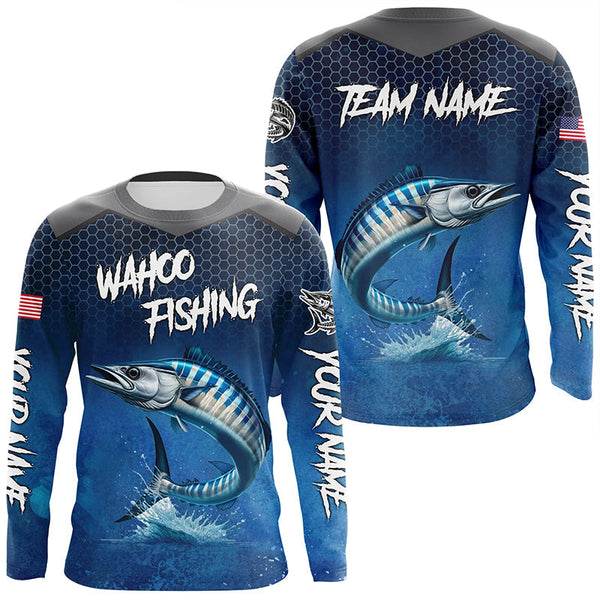 Maxcorners Blue Camo Wahoo Fishing Custom Performance Long Sleeve Team Wahoo Fishing Tournament Shirts