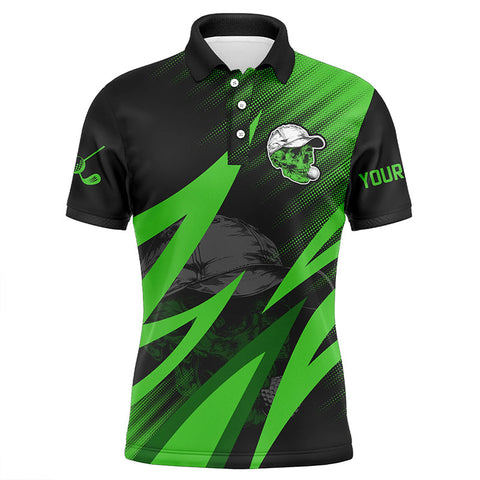 MaxCorners Golfs Black And Green Golf Skull Customized Name 3D Polo Shirt For Men