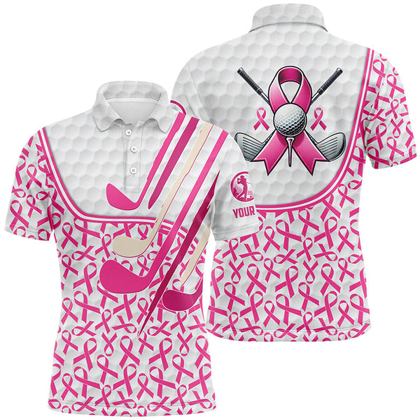 Maxcorners Personalized pink ribbons pattern golf clubs polo shirt for men custom breast cancer golf shirts