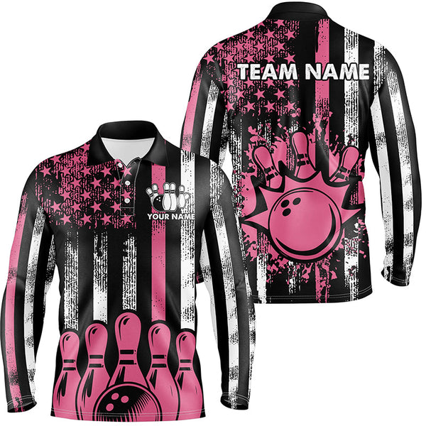 Maxcorners Pink American Flag Retro Bowling Polo, Quarter zip Shirt custom breast cancer bowling jerseys