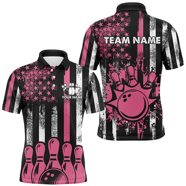 Maxcorners Pink American Flag Retro Bowling Polo, Quarter zip Shirt custom breast cancer bowling jerseys