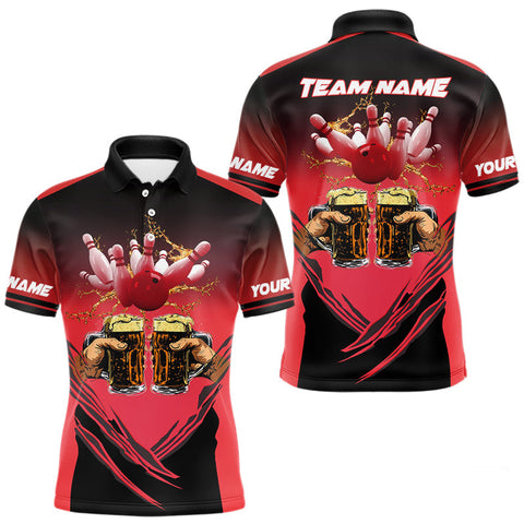 Maxcorners Bowling Beer Black and Red Bowling Polo, 1/4 Quarter zip shirts Custom Mens Team Bowling jerseys TU1410
