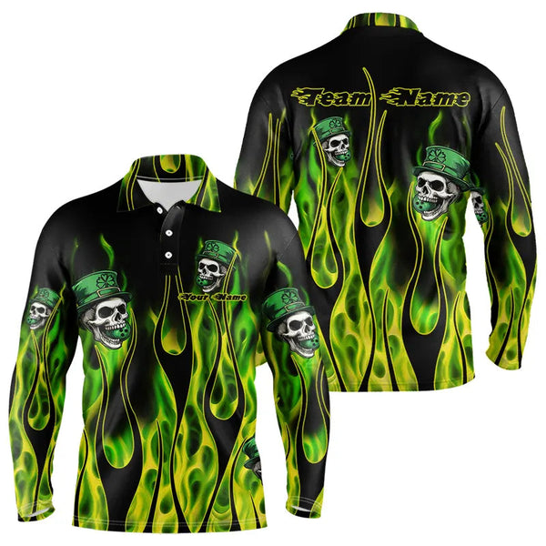 Maxcorners Green Flame Clover Skull St Patrick'S Day Mens And Women Bowling Shirts Custom Lucky Bowling Team Jerseys