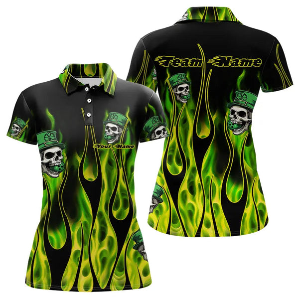 Maxcorners Green Flame Clover Skull St Patrick'S Day Mens And Women Bowling Shirts Custom Lucky Bowling Team Jerseys