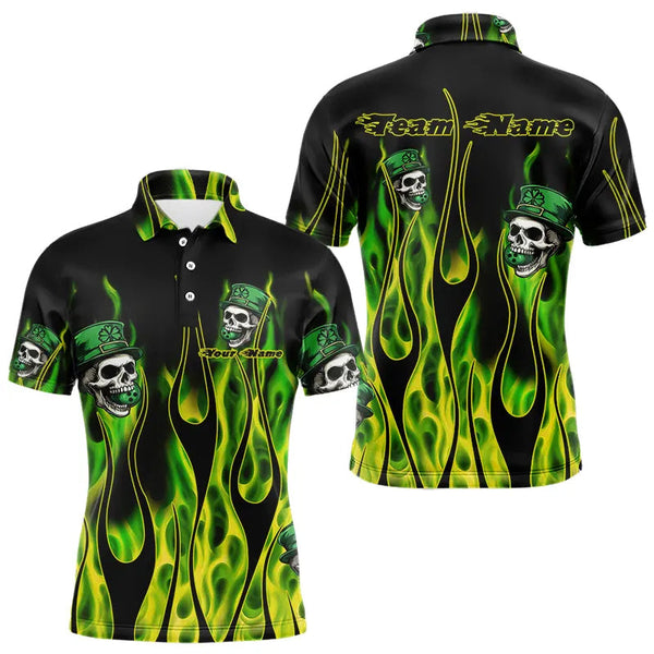Maxcorners Green Flame Clover Skull St Patrick'S Day Mens And Women Bowling Shirts Custom Lucky Bowling Team Jerseys