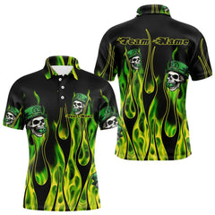 Maxcorners Green Flame Clover Skull St Patrick'S Day Mens And Women Bowling Shirts Custom Lucky Bowling Team Jerseys