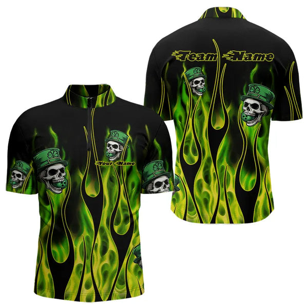 Maxcorners Green Flame Clover Skull St Patrick'S Day Mens And Women Bowling Shirts Custom Lucky Bowling Team Jerseys
