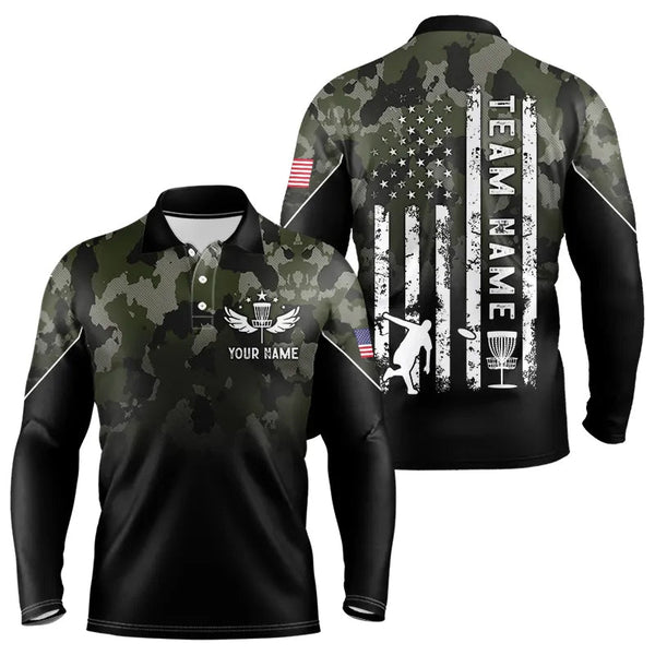 Maxcorners Black Green Camo Mens Disc golf polo shirts custom American Flag patriotic team disc golf jerseys