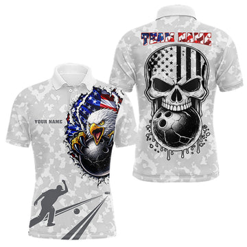 Maxcorners Personalized American Flag Skull Eagle Camo Bowling Team Shirts For Men, Patriotic Bowling Outfits