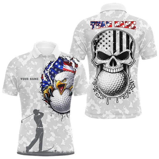 Maxcorners Personalized American Flag Skull Eagle Camo Golf Polo Shirts For Men, Patriotic Mens Golf Outfits
