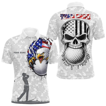Maxcorners Personalized American Flag Skull Eagle Camo Golf Polo Shirts For Men, Patriotic Mens Golf Outfits LM1202