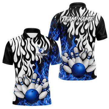 Maxcorners Black, White and Blue Flame Bowling Polo, Quarter Zip Shirts For Men Custom Bowling Team Jerseys