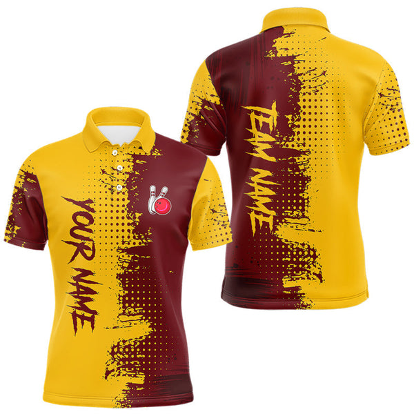 Maxcorners Yellow and Red Bowling Polo, Quarter Zip shirts for Men Custom Bowling Team Jerseys LM1610