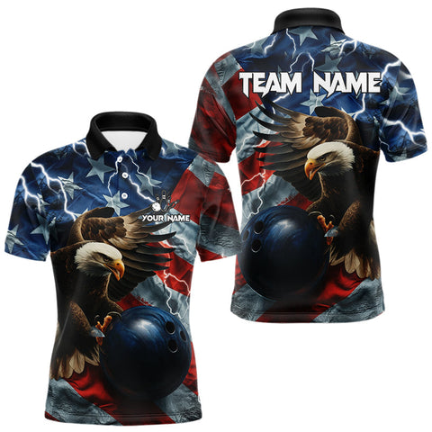 Maxcorners American Flag Eagle Lightning Thunder Bowling Shirts For Men Custom Patriotic Bowling Team Jerseys TU1011
