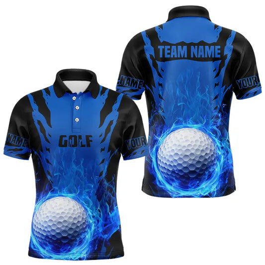 Maxcorners Black And Blue Flame Golf Ball Mens Golf Polo Shirts Custom Team Mens Golf Tops Golf Gifts For Men