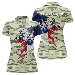 Maxcorners Texas Flag Green Camo Bowling Polo, Quarter Zip Shirts For Men Custom Texas Bowling Team Jerseys