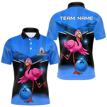 Maxcorners Funny Pink Flamingo Bowling Polo, 1/4 zip shirts for Men Custom Flamingo Team bowling outfit | Blue