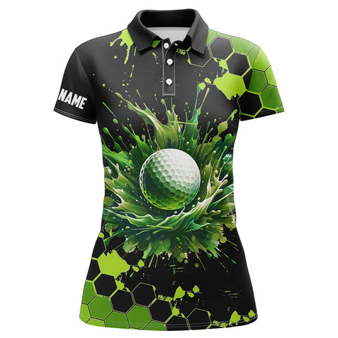 Maxcorners Women Golf Polo Shirts Custom Black And Green Watercolor Ladies Golf Tops