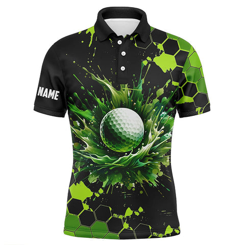 MaxCorners Golfs Black And Green Watercolor Customized Name 3D Polo Shirt For Men