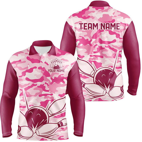 Maxcorners Pink Camo Bowling Polo, 1/4 Zip Shirts Custom Bowling Team League Jerseys, Gift For Bowlers