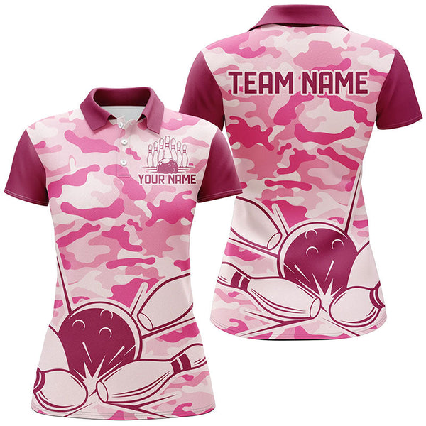 Maxcorners Pink Camo Bowling Polo, 1/4 Zip Shirts Custom Bowling Team League Jerseys, Gift For Bowlers