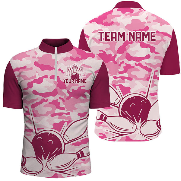 Maxcorners Pink Camo Bowling Polo, 1/4 Zip Shirts Custom Bowling Team League Jerseys, Gift For Bowlers