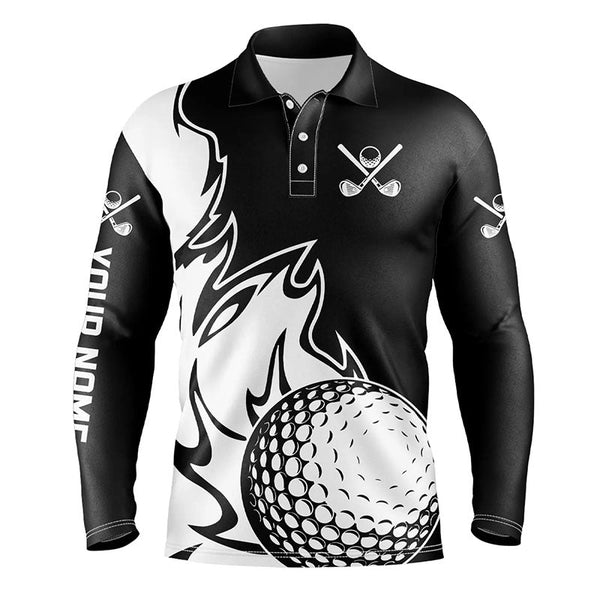 Maxcorners Black and White Flame Golf ball Fire Mens Golf Polo Shirt custom golf outfit for mens, best golf gifts