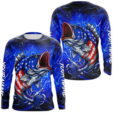 Maxcorners American Flag Largemouth Bass Fishing Custom patriotic Bass performance fishing apparel | Blue LM1411